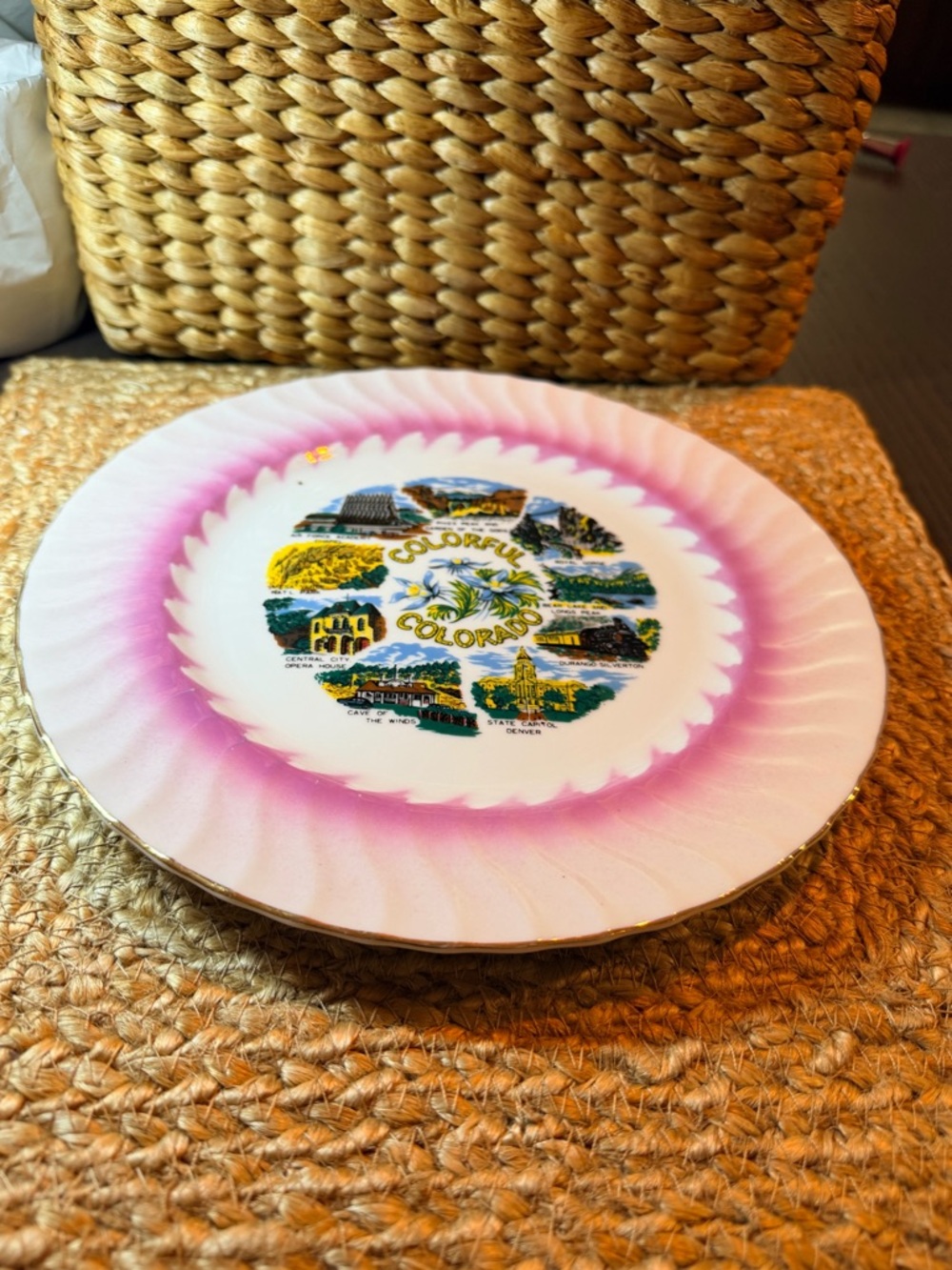 “Colorful Colorado” Vintage Souvenir Plate with Pink Rim